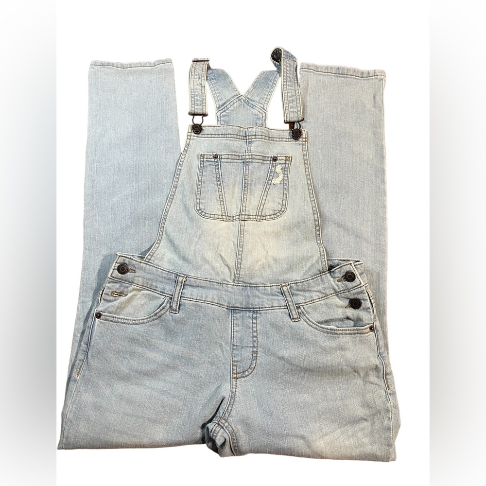 Mossimo Womens XS Light Wash Distressed Denim Overalls Slim‎ Leg Blue Stretch